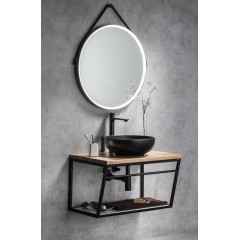 SAPHO - ORBITER kulaté zrcadlo s LED osvětlením ø 70cm, kožený pásek, černá mat ORL070
