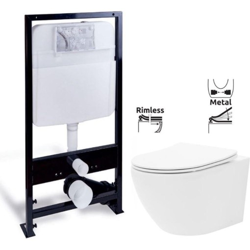 PRIM předstěnový instalační systém bez tlačítka + WC REA Carlo Flat Mini Rimless + SEDÁTKO PRIM_20/0026 X CF1