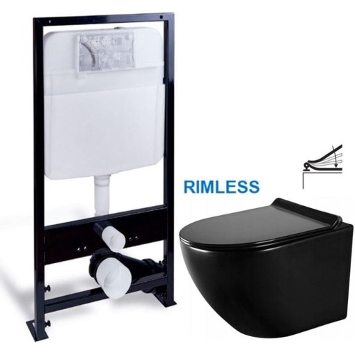 PRIM předstěnový instalační systém bez tlačítka + WC MEXEN LENA ČERNÁ Rimless + SEDÁTKO PRIM_20/0026 X ME01