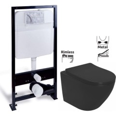 PRIM předstěnový instalační systém bez tlačítka + WC REA CARLO MINI RIMLESS ČERNÝ MAT + SEDÁTKO PRIM_20/0026 X MM1