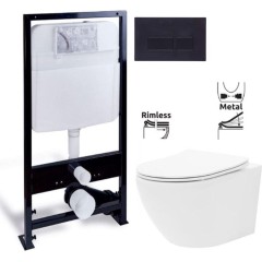 PRIM předstěnový instalační systém s černým tlačítkem  20/0044 + WC REA Carlo Flat Mini Rimless + SEDÁTKO PRIM_20/0026 44 CF1