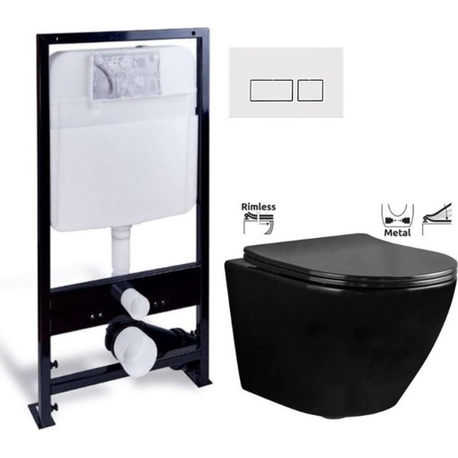 PRIM předstěnový instalační systém s bílým  tlačítkem  20/0042 + WC REA CARLO MINI RIMFLESS ČERNÁ  + SEDÁTKO PRIM_20/0026 42 CL1