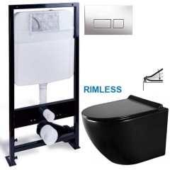PRIM předstěnový instalační systém s chromovým tlačítkem  20/0041 + WC MEXEN LENA ČERNÁ Rimless + SEDÁTKO PRIM_20/0026 41 ME01