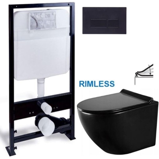 PRIM předstěnový instalační systém s černým tlačítkem  20/0044 + WC MEXEN LENA ČERNÁ Rimless + SEDÁTKO PRIM_20/0026 44 ME01