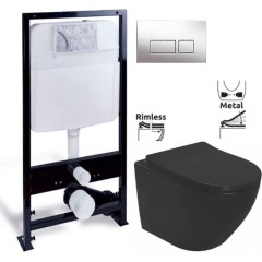PRIM předstěnový instalační systém s chromovým tlačítkem  20/0041 + WC REA CARLO MINI RIMLESS ČERNÝ MAT + SEDÁTKO PRIM_20/0026 41 MM1
