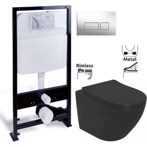 PRIM předstěnový instalační systém s chromovým tlačítkem  20/0041 + WC REA CARLO MINI RIMLESS ČERNÝ MAT + SEDÁTKO PRIM_20/0026 41 MM1