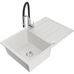 MEXEN - Bruno granitový dřez s odkapávačem včetně baterie Aster, bílá 6513-20-73450-07