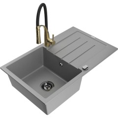 MEXEN - Bruno granitový dřez s odkapávačem včetně baterie Aster, šedá 6513-71-73450-57-B