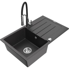 MEXEN - Bruno granitový dřez s odkapávačem včetně baterie Aster, černá kropenatá 6513-76-73450-07