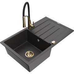 MEXEN - Bruno granitový dřez s odkapávačem včetně baterie Aster, černá kropenatá 6513-76-73450-57-G