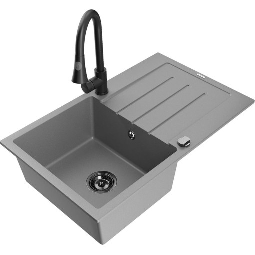 MEXEN - Bruno granitový dřez 1 s odkapávačem včetně baterie Elia, šedá 6513-71-670101-70-B