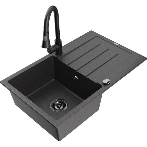MEXEN - Bruno granitový dřez 1 s odkapávačem včetně baterie Elia, černá kropenatá 6513-76-670101-70-B