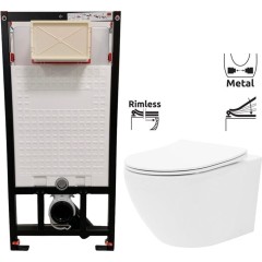 DEANTE Podomítkový rám, pro závěsné WC mísy bez tlačítka + WC REA Carlo Flat Mini Rimless + SEDÁTKO CST_WC01 X CF1