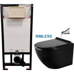 DEANTE Podomítkový rám, pro závěsné WC mísy bez tlačítka + WC MEXEN LENA ČERNÁ Rimless + SEDÁTKO CST_WC01 X ME01