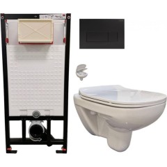 DEANTE Podomítkový rám, pro závěsné WC mísy + SLIM tlačítko černé + WC bez oplachového kruhu Edge + SEDÁTKO CST_WC01 N51P EG1