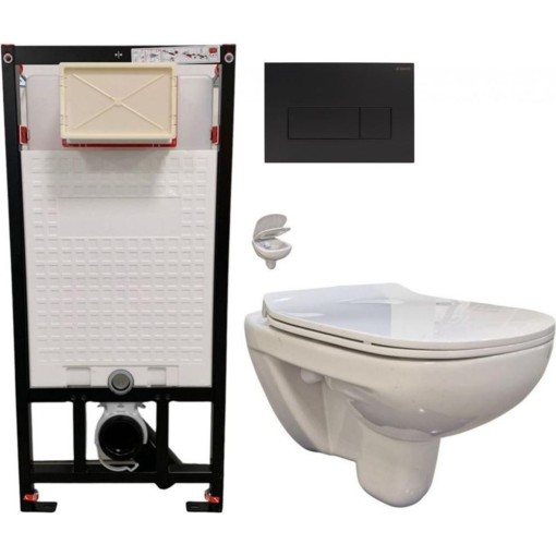 DEANTE Podomítkový rám, pro závěsné WC mísy + SLIM tlačítko černé + WC bez oplachového kruhu Edge + SEDÁTKO CST_WC01 N51P EG1
