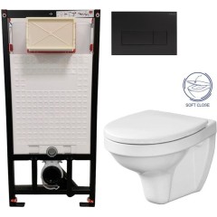 DEANTE Podomítkový rám, pro závěsné WC mísy + SLIM tlačítko černé + WC CERSANIT DELFI + SOFT SEDÁTKO CST_WC01 N51P DE2