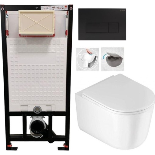 DEANTE Podomítkový rám, pro závěsné WC mísy + SLIM tlačítko černé + WC DEANTE Jasmin se sedátkem RIMLESS /VÍROVÉ SPLACH/ CST_WC01 N51P JA1