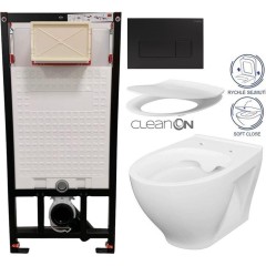 DEANTE Podomítkový rám, pro závěsné WC mísy + SLIM tlačítko černé + WC CERSANIT CLEANON MODUO + SEDÁTKO CST_WC01 N51P MO1