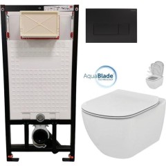 DEANTE Podomítkový rám, pro závěsné WC mísy + SLIM tlačítko černé + WC Ideal Standard Tesi se sedátkem SoftClose, AquaBlade  CST_WC01 N51P TE1
