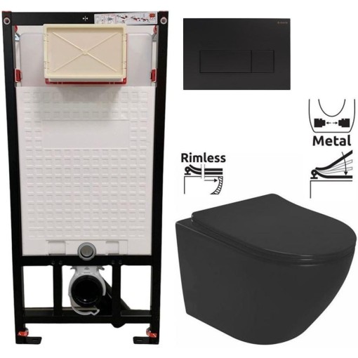 DEANTE Podomítkový rám, pro závěsné WC mísy + SLIM tlačítko černé + WC REA CARLO MINI RIMLESS ČERNÝ MAT + SEDÁTKO CST_WC01 N51P MM1