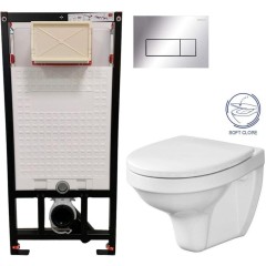DEANTE Podomítkový rám, pro závěsné WC mísy + SLIM tlačítko chrom + WC CERSANIT DELFI + SOFT SEDÁTKO CST_WC01 051P DE2