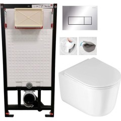 DEANTE Podomítkový rám, pro závěsné WC mísy + SLIM tlačítko chrom + WC DEANTE Jasmin se sedátkem RIMLESS /VÍROVÉ SPLACH/ CST_WC01 051P JA1