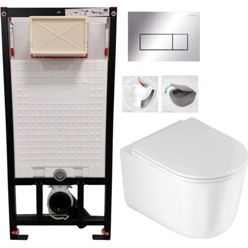 DEANTE Podomítkový rám, pro závěsné WC mísy + SLIM tlačítko chrom + WC DEANTE Jasmin se sedátkem RIMLESS /VÍROVÉ SPLACH/ CST_WC01 051P JA1