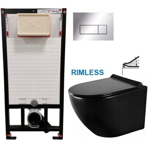 DEANTE Podomítkový rám, pro závěsné WC mísy + SLIM tlačítko chrom + WC MEXEN LENA ČERNÁ Rimless + SEDÁTKO CST_WC01 051P ME01