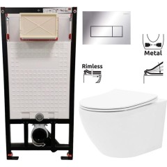 DEANTE Podomítkový rám, pro závěsné WC mísy + SLIM tlačítko chrom + WC REA Carlo Flat Mini Rimless + SEDÁTKO CST_WC01 051P CF1