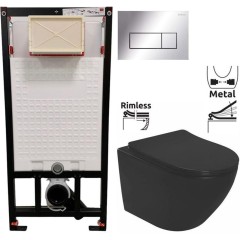 DEANTE Podomítkový rám, pro závěsné WC mísy + SLIM tlačítko chrom + WC REA CARLO MINI RIMLESS ČERNÝ MAT + SEDÁTKO CST_WC01 051P MM1