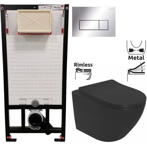 DEANTE Podomítkový rám, pro závěsné WC mísy + SLIM tlačítko chrom + WC REA CARLO MINI RIMLESS ČERNÝ MAT + SEDÁTKO CST_WC01 051P MM1