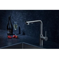 KFA - DUERO BASIC dřezová baterie s otočnou vytahovací sprchou a přepínáním, INOX 6623-110-22