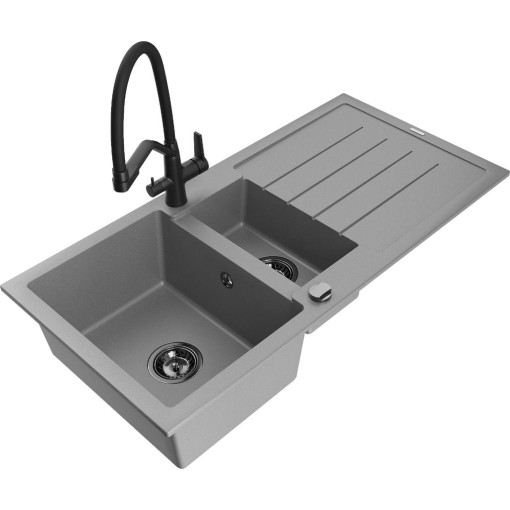 MEXEN - Andres granitový dřez s odkapávačem včetně baterie Duo, šedá 6515-71-671701-70-B