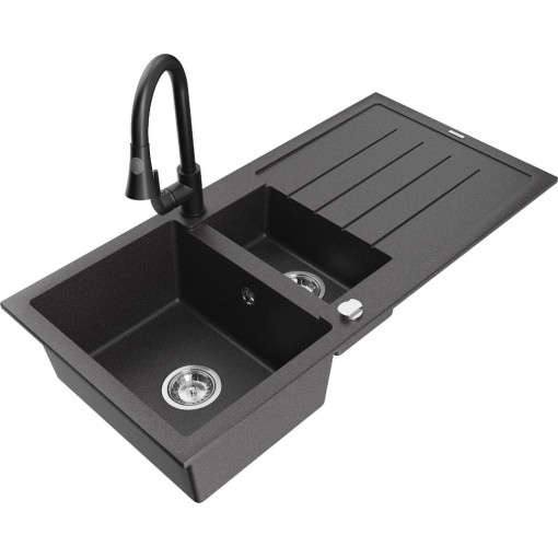 MEXEN - Andres granitový dřez s odkapávačem včetně baterie Elia, černá kropenatá 6515-76-670101-70