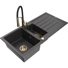MEXEN - Andres granitový dřez s odkapávačem včetně baterie Aster, černá kropenatá 6515-76-73450-57-G