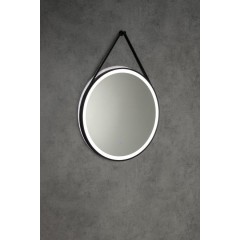 AQUALINE - STAGO kulaté zrcadlo s LED osvětlením ø 60cm, kožený pásek, dotykový senzor, stmívatelné, černá mat SG060