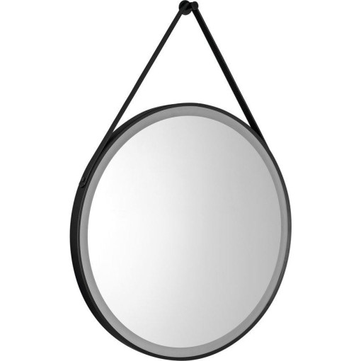 AQUALINE - STAGO kulaté zrcadlo s LED osvětlením ø 60cm, kožený pásek, dotykový senzor, stmívatelné, černá mat SG060