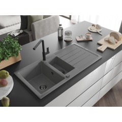 MEXEN - Andres granitový dřez s odkapávačem včetně baterie Flora, šedá 6515-71-670401-70-B