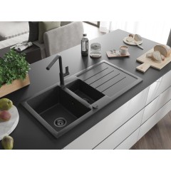 MEXEN - Andres granitový dřez s odkapávačem včetně baterie Flora, černá kropenatá 6515-76-670401-70-B