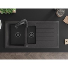 MEXEN - Andres granitový dřez s odkapávačem včetně baterie Aster, černá kropenatá 6515-76-73450-70-B