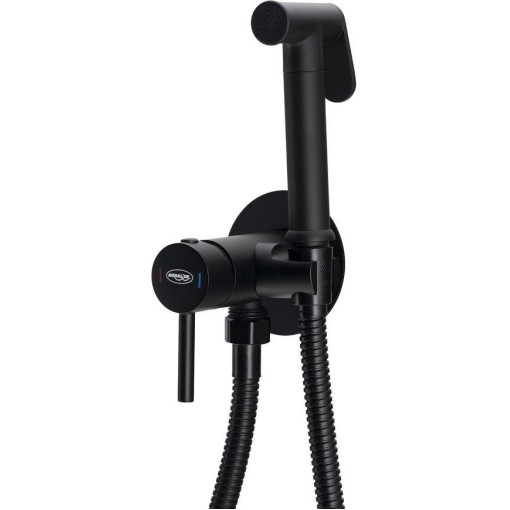 AQUALINE - Podomítková bidetová baterie se Stop sprškou, hadice 1,2m, kulatá, černá mat SK302B