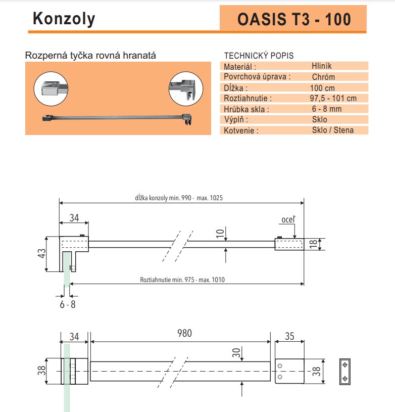 OASIS T3 100, rozpěrná tyčka rovná hranatá délka 100 cm