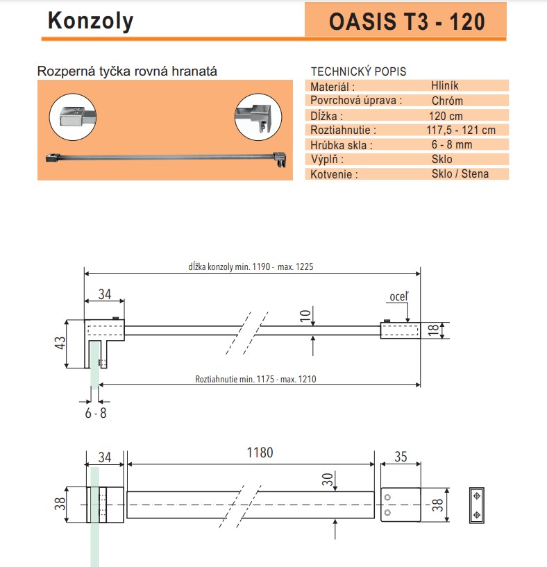 OASIS T3 120, rozpěrná tyčka rovná hranatá délka 120 cm