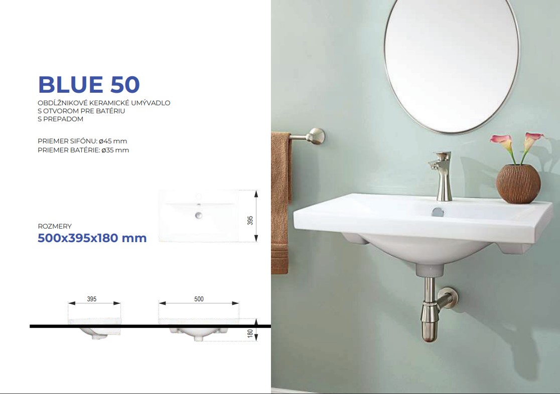 BLUE 50 keramické umyvadlo 50×39,5x18cm