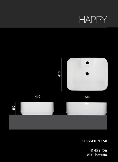 HAPPY hranaté keramické umyvadlo se zaoblenými rohy 51,5 x 41 x 15 cm