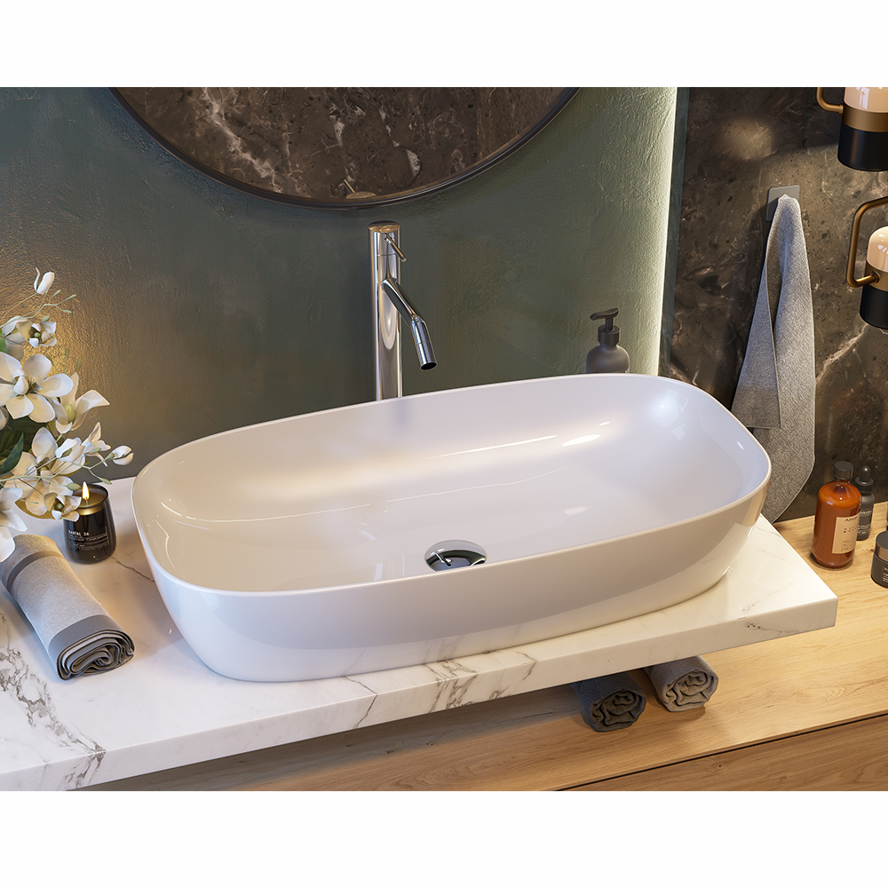 LOREN hranaté keramické umyvadlo se zaoblenými rohy 71x14x37,5 cm