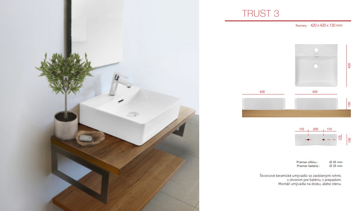 TRUST3 keramické umyvadlo 42x42x13 cm