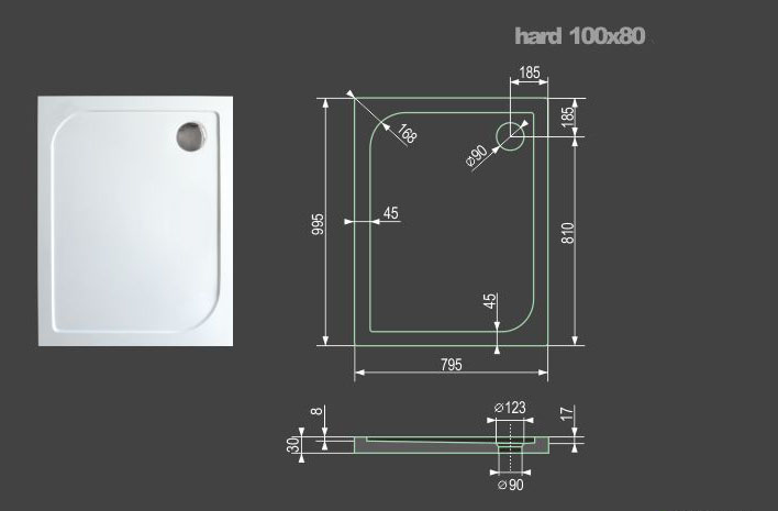 Hard 100×80 sprchová vanička z litého mramoru