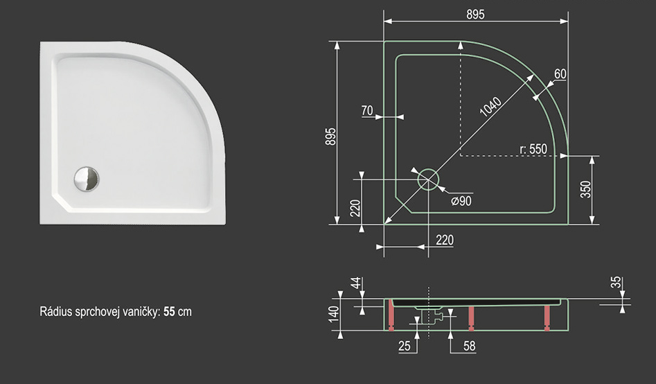 SMC MAXI 90x90cm sprchová vanička z tvrzeného polymeru čtvrtkruhová